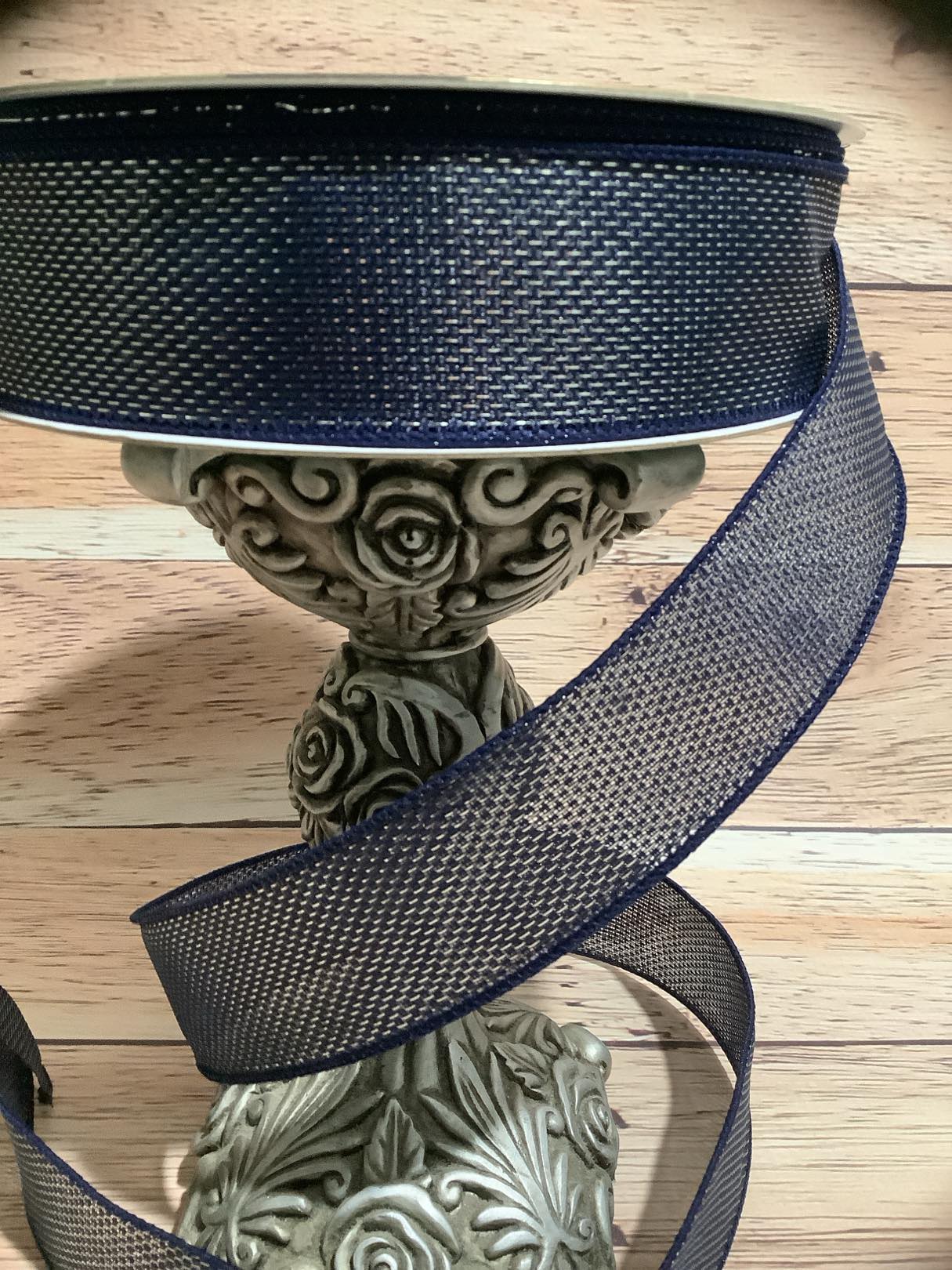 1.5" X 5 Yards Navy Blue and Silver Metallic Wired Ribbon