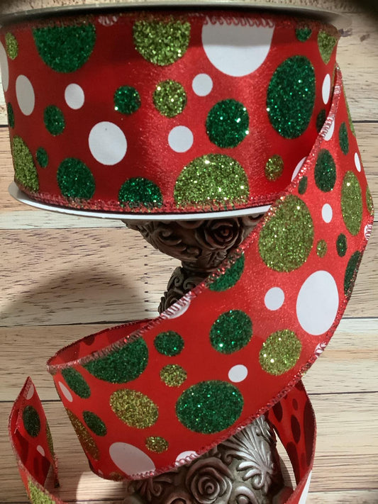 2.5" x 5 Yards Red Wired Ribbon With Painted White Dots And Lime Green And Dark Green Glitter Dots