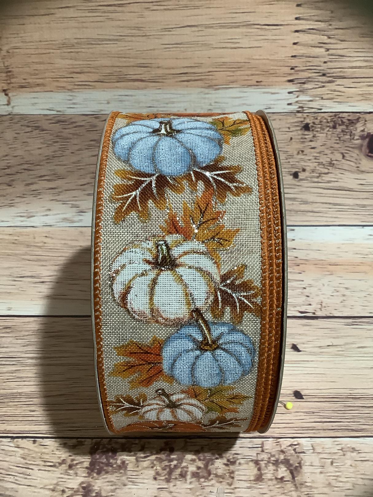 2.5" x 5 Yards Fall Pumpkin Print Wired Ribbon - Fall Pumpkins-Blue Pumpkin - Ribbon For Bows, Wreaths And Home Decor