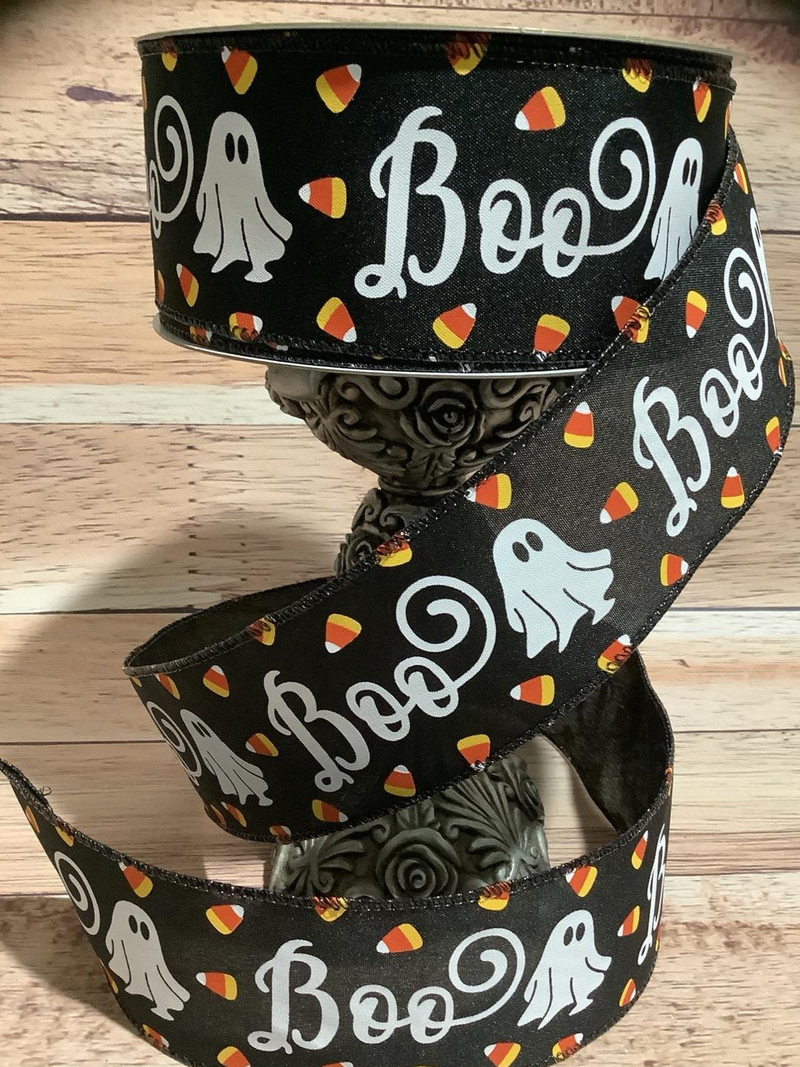 2.5" x 5 Yards Halloween Wired Ribbon - Black With Printed Boo, Ghosts And Candy Corn - Ribbon For Bows, Wreaths And Home Decor