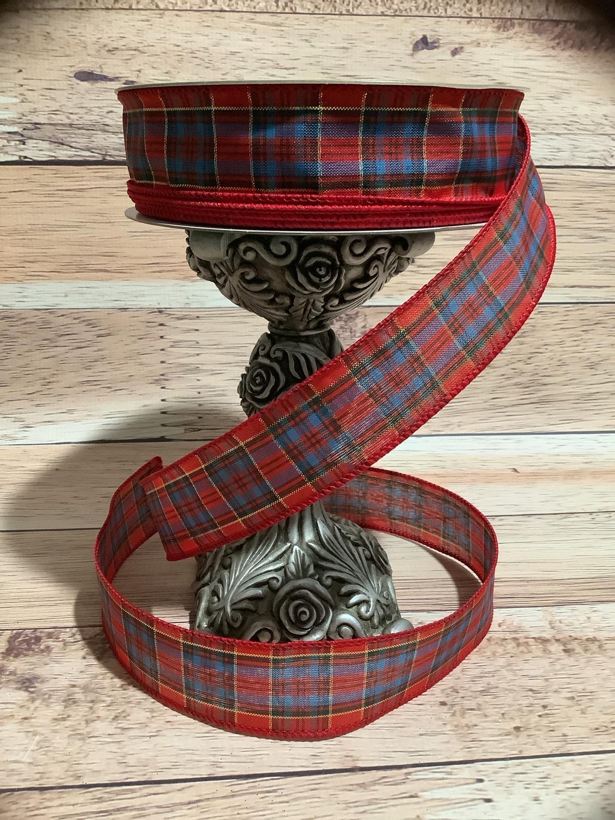 1.5" x 5 Yards Christmas Plaid Wired Ribbon - Red, Blue And Geen With Metallic Gold Plaid -  Wired Ribbon