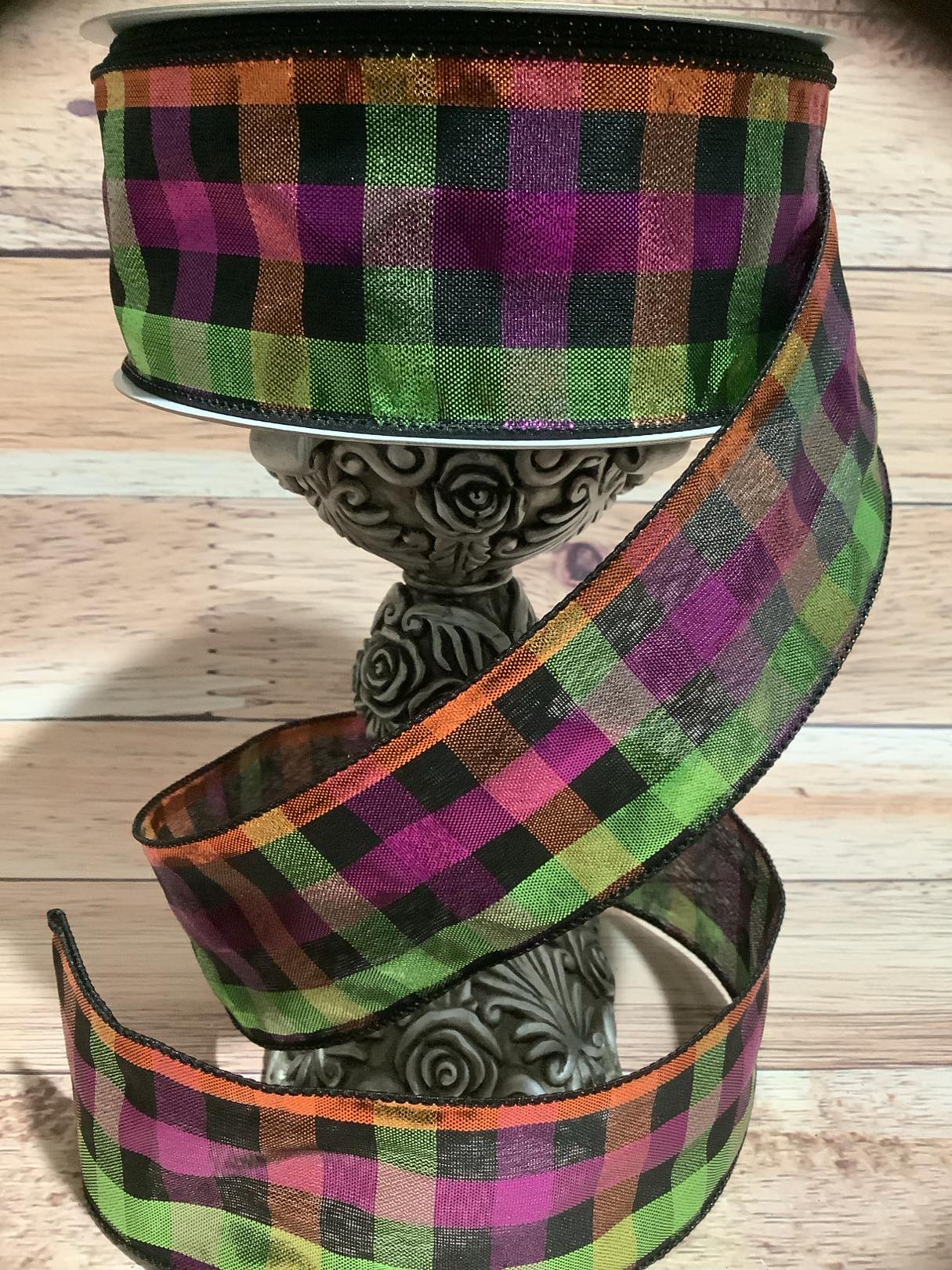 2.5" x 5 Yards Green, Purple, Orange And Black Metallic Plaid Wired Ribbon - Halloween Wired Ribbon - Ribbon For Bows, Wreaths And Home Decor