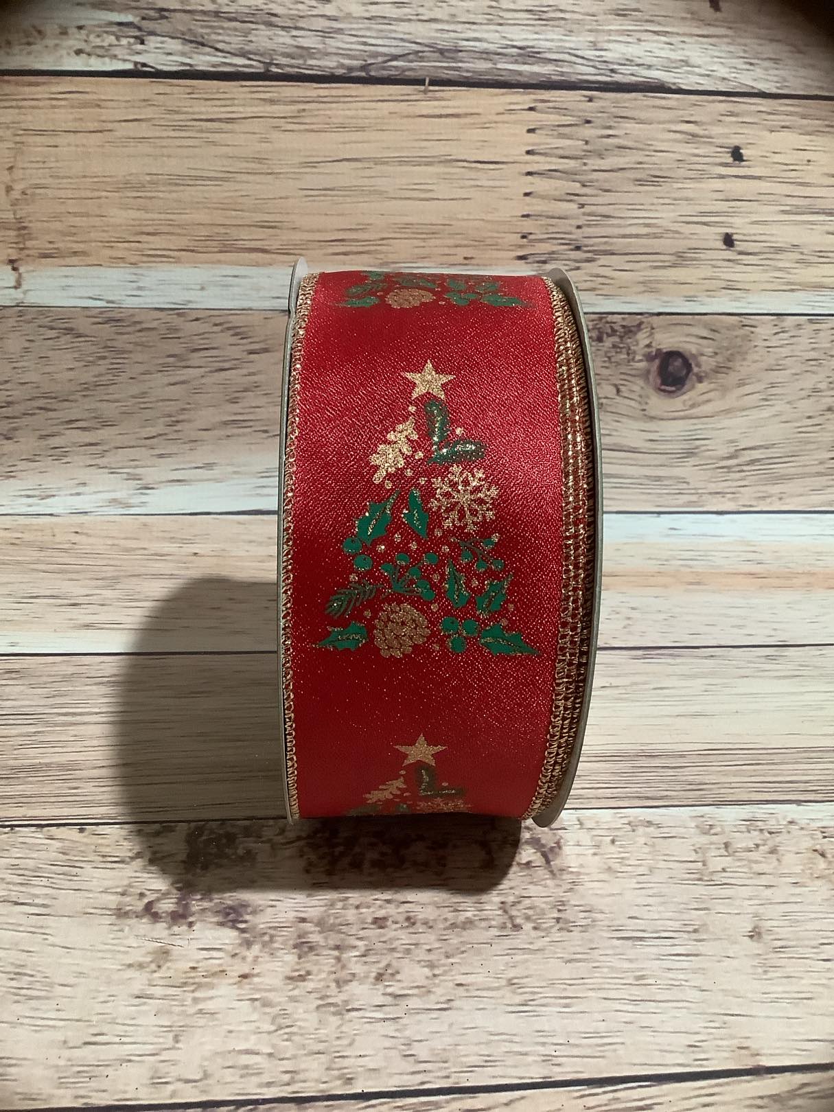 2.5" x 5 Yards Christmas Tree Print Wired Ribbon - Gold Glitter - Red And Green Ribbon - Ribbon For Bows, Wreaths And Home Decor