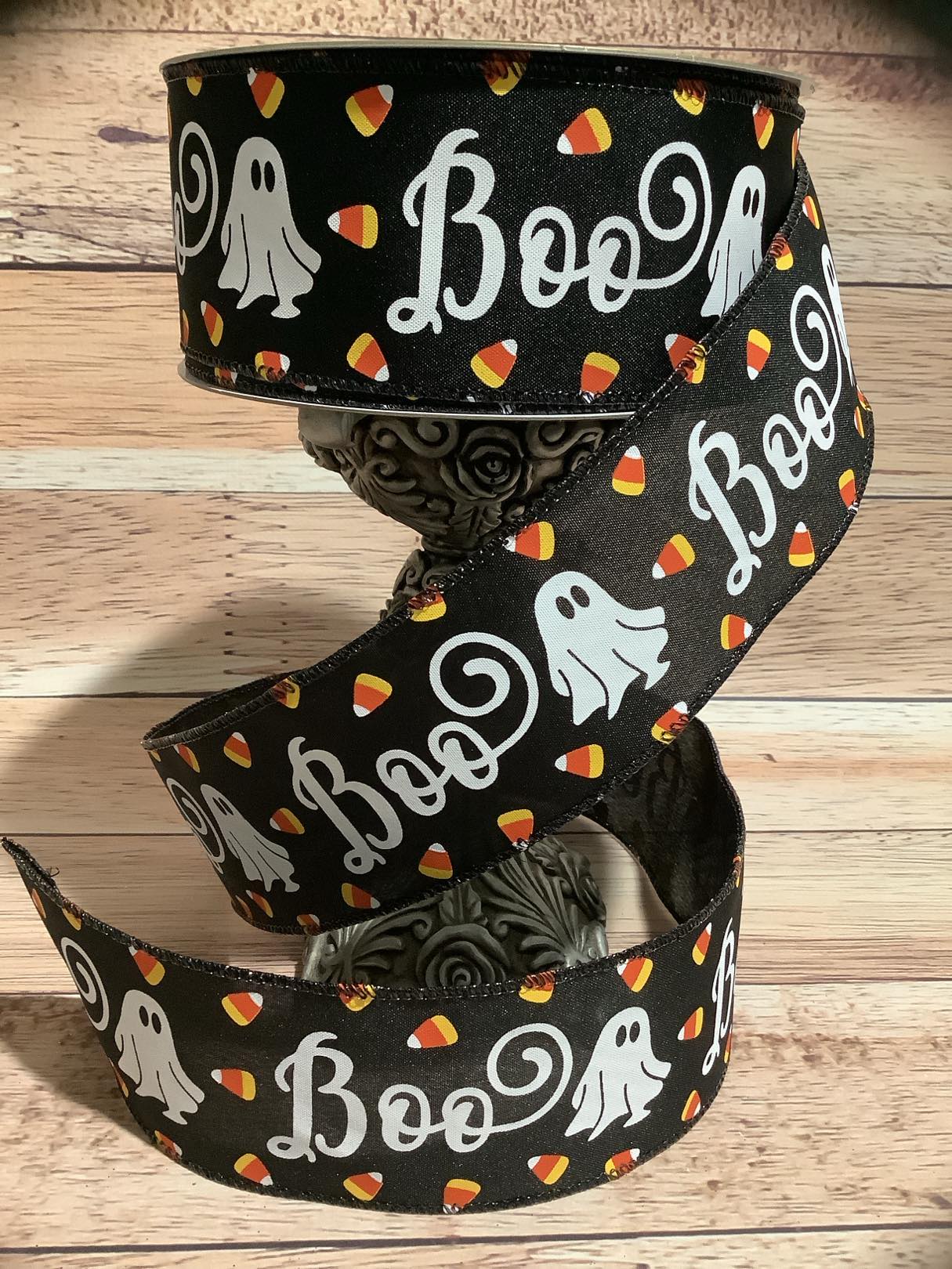 2.5" x 5 Yards Halloween Wired Ribbon - Black With Printed Boo, Ghosts And Candy Corn - Ribbon For Bows, Wreaths And Home Decor