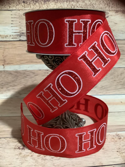 2.5" x 5 Yards Red Ho Ho Ho Christmas Wired Ribbon - Ribbon For Bows, Wreaths And Home Decor