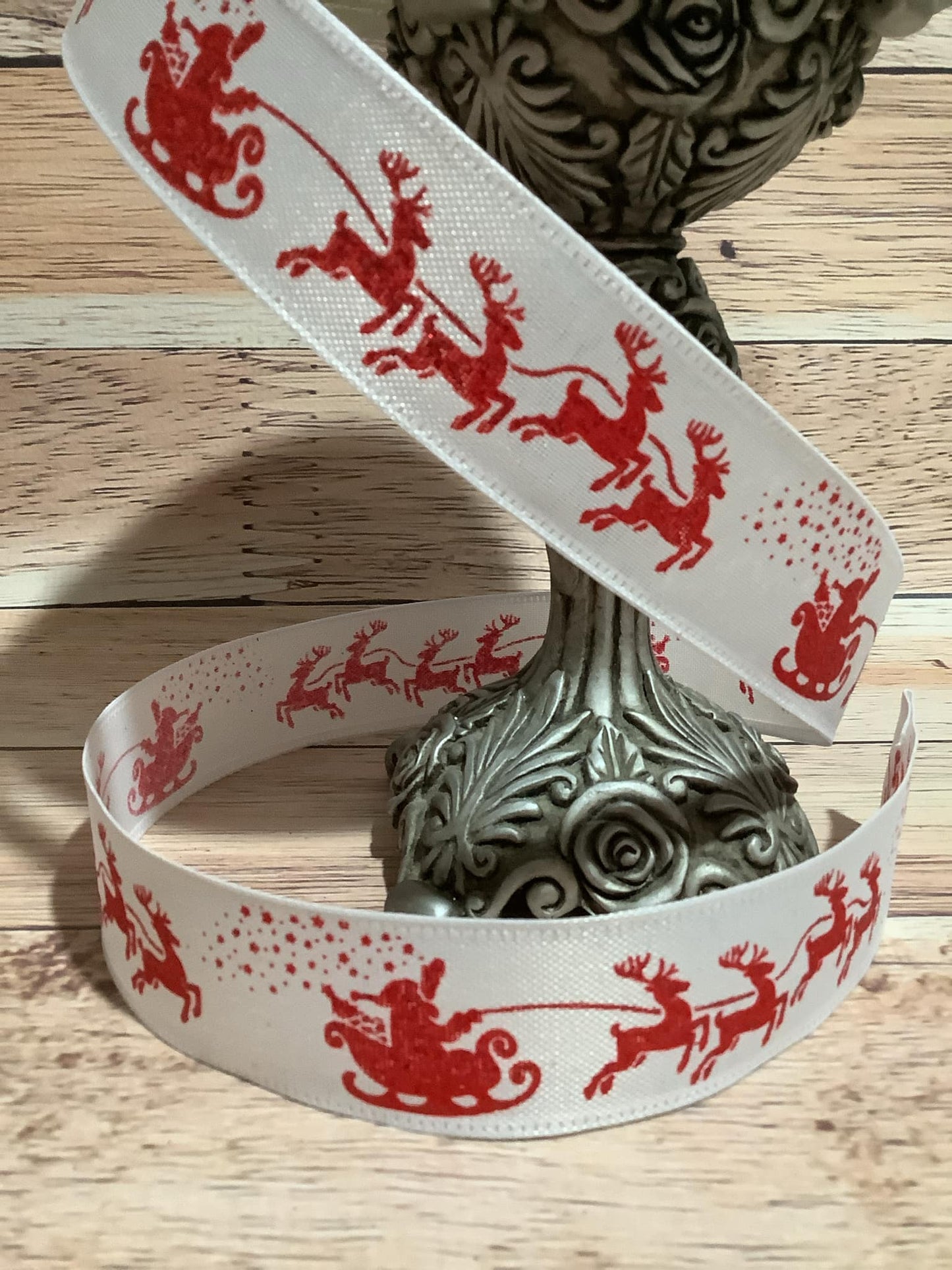 1.5" x 5 Yards Christmas Ribbon - Santa Sleigh With Reindeer Print Ribbon - Ribbon For Bows, Wreaths And Home Decor