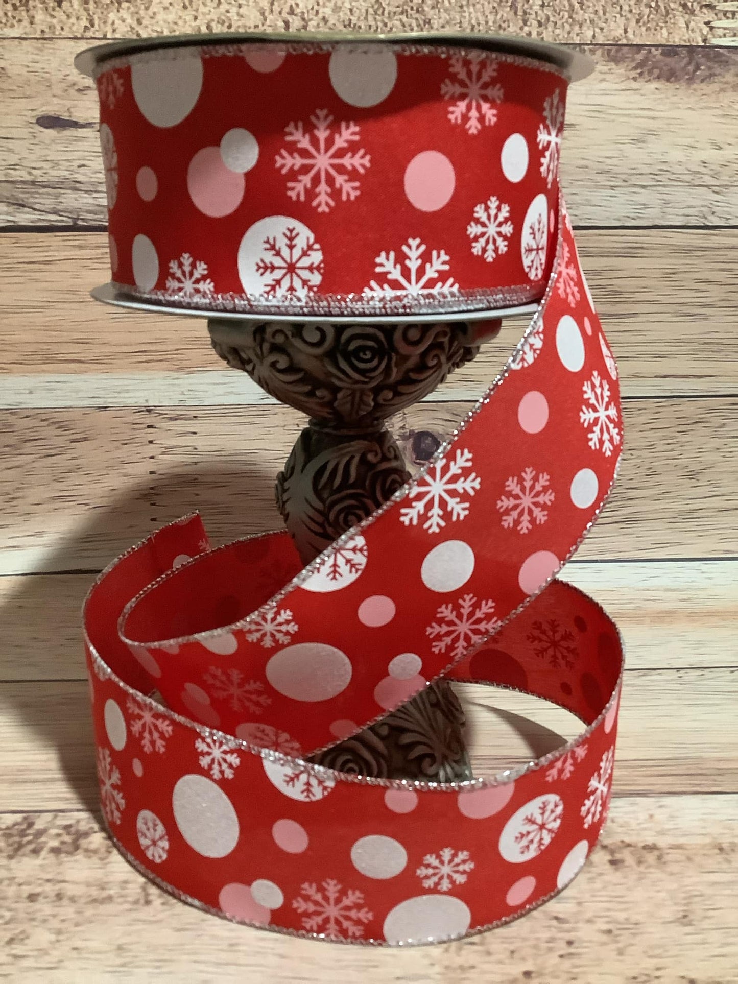 2.5" x 5 Yards Wired Red Ribbon With White And Pink Dots And Snowflakes - Ribbon For Bows, Wreaths And Home Decor