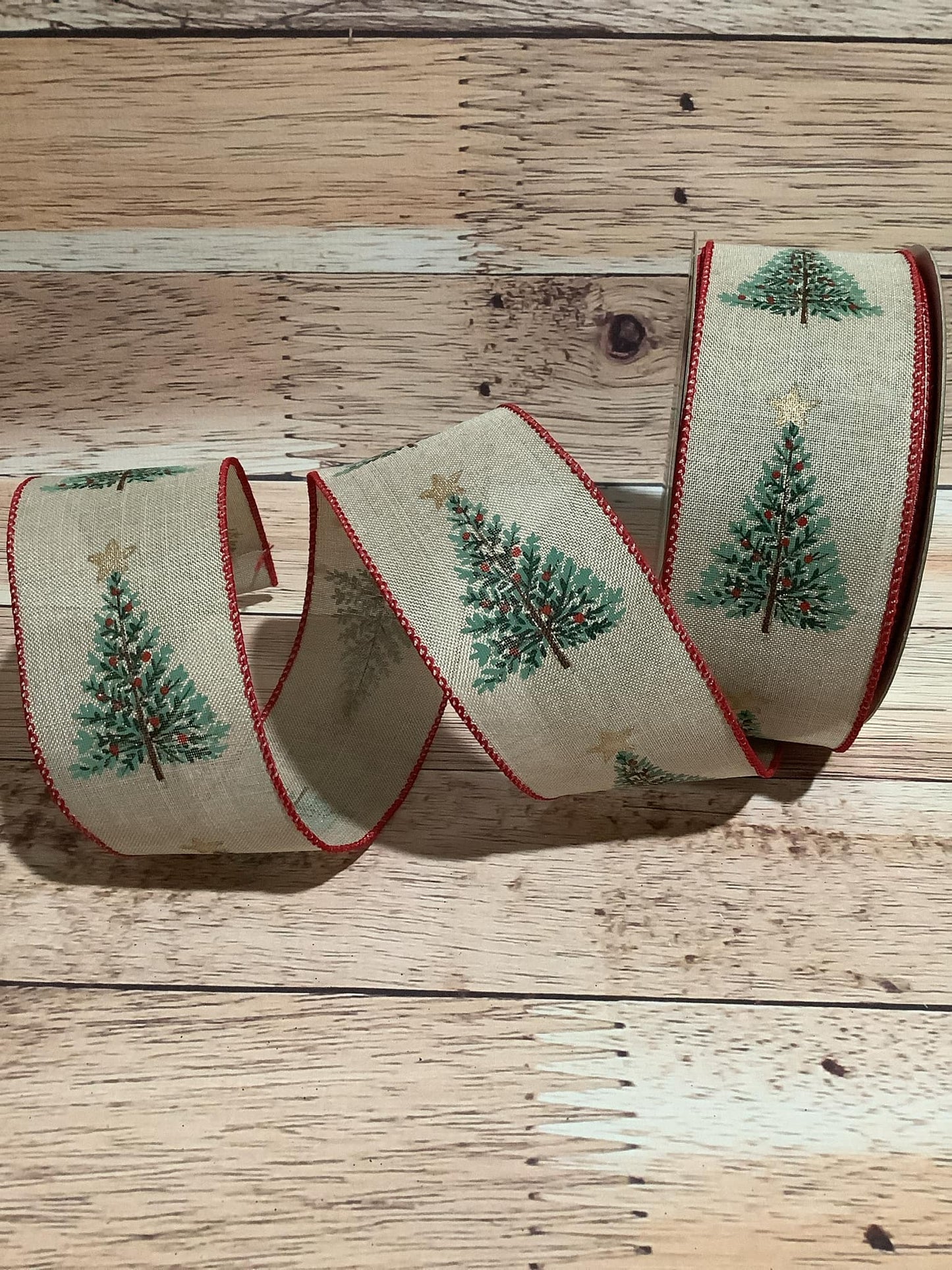 2.5" x 5 Yards Wired Beige Ribbon With Christmas Tree Print - Wired Christmas Ribbon