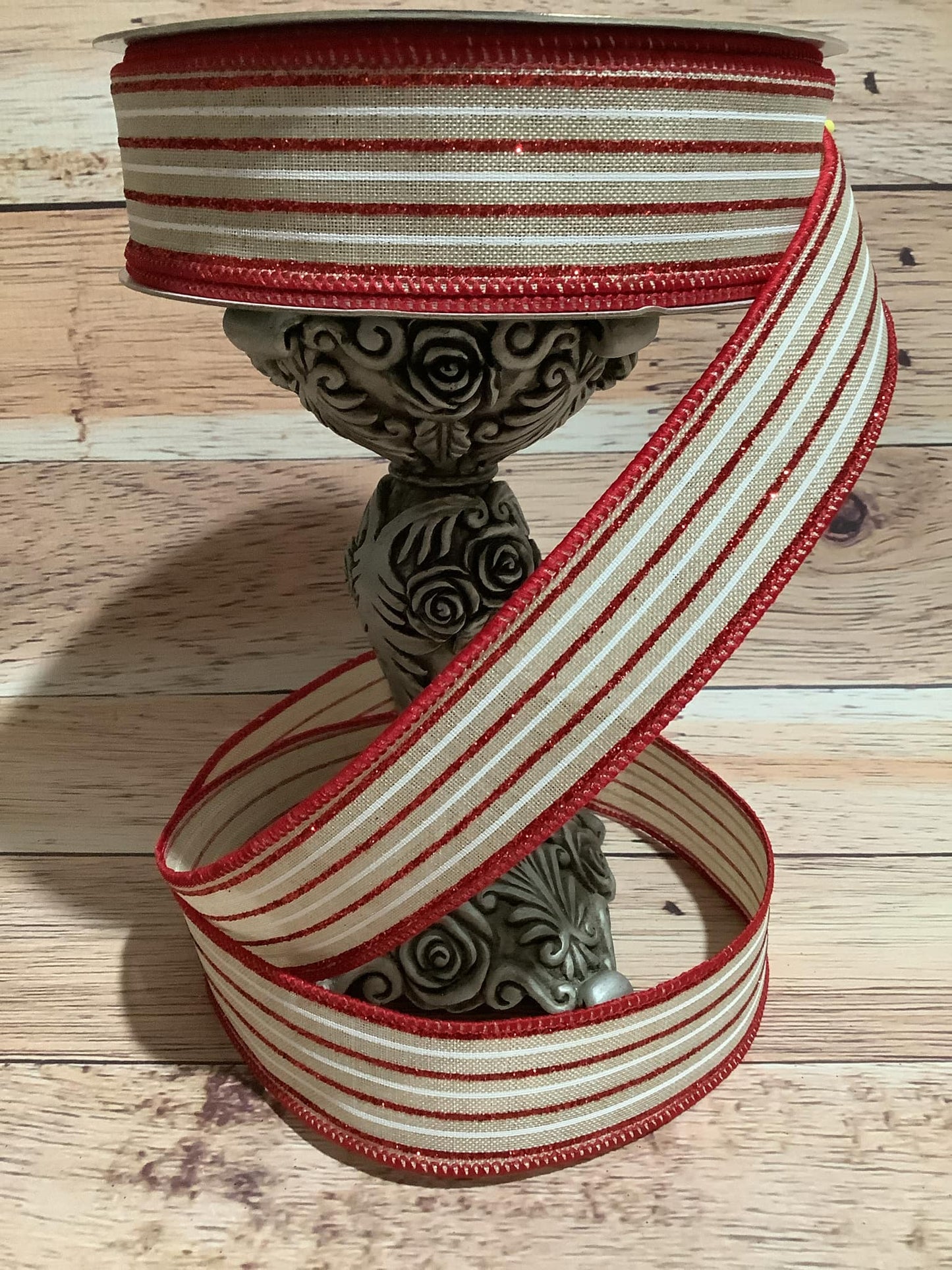 1.5" x 5 Yards Beige Canvas Ribbon with White And Red Glitter Horizontal Stripes - Christmas, Valentine Ribbon - Ribbon For Bows, Wreaths And Home Decor