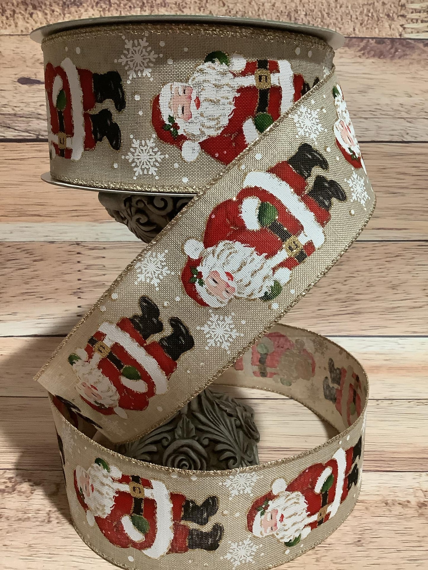 2.5" x 5 Yards Wired Beige Canvas Ribbon With Santa Claus Print With Snowflakes - Ribbon For Bows, Wreaths And Home Decor - Wired Christmas Ribbon