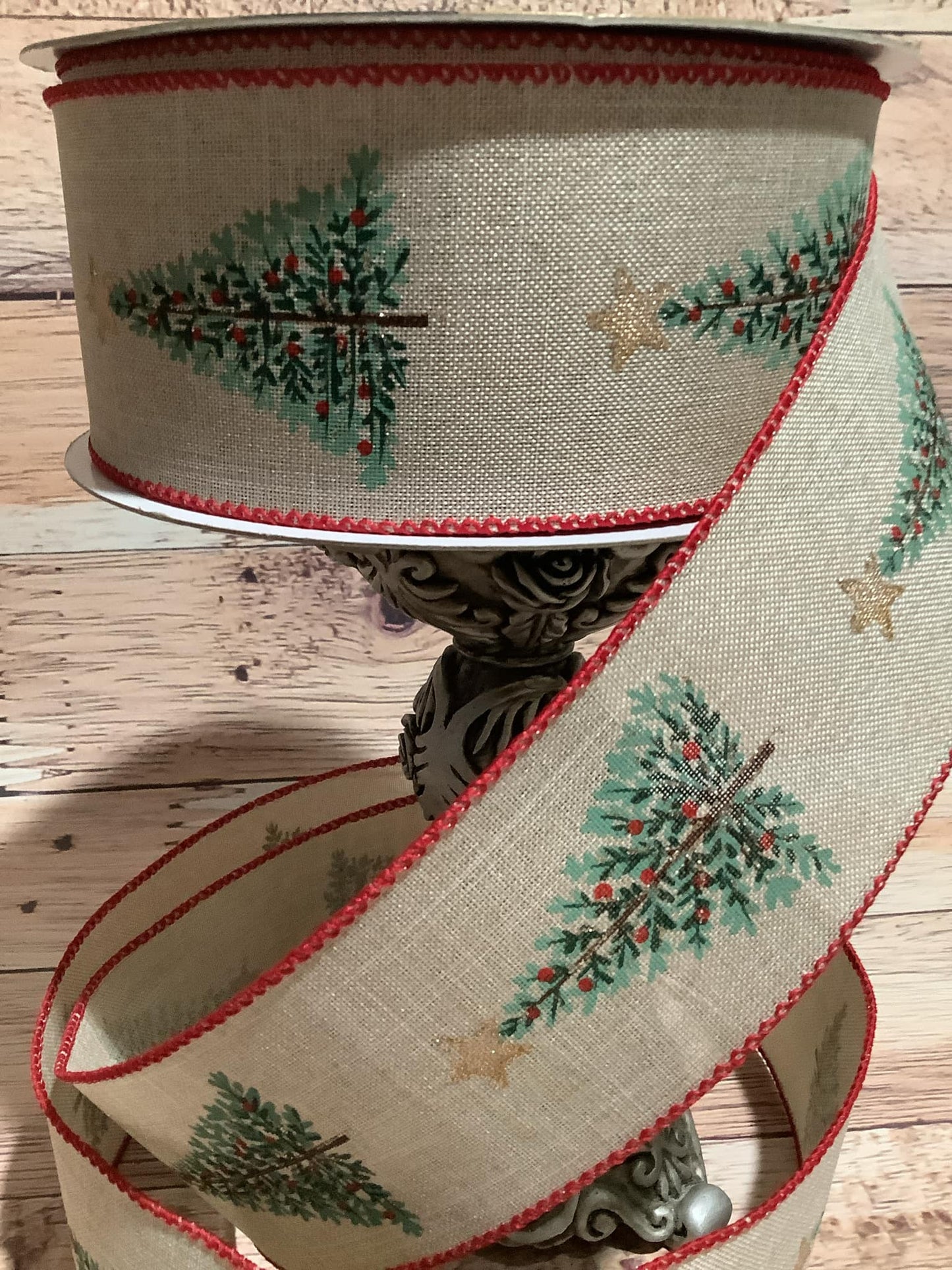 2.5" x 5 Yards Wired Beige Ribbon With Christmas Tree Print - Wired Christmas Ribbon