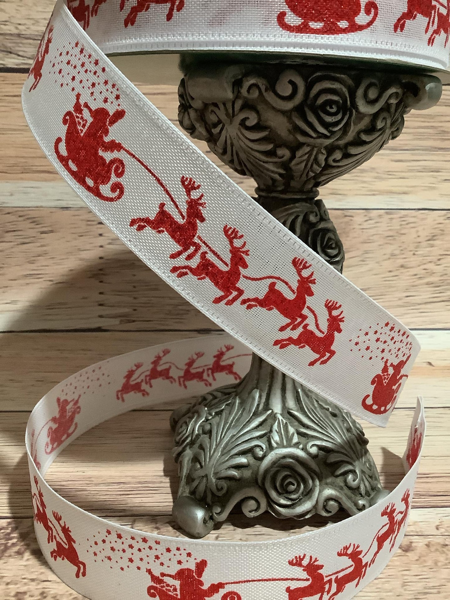 1.5" x 5 Yards Christmas Ribbon - Santa Sleigh With Reindeer Print Ribbon - Ribbon For Bows, Wreaths And Home Decor