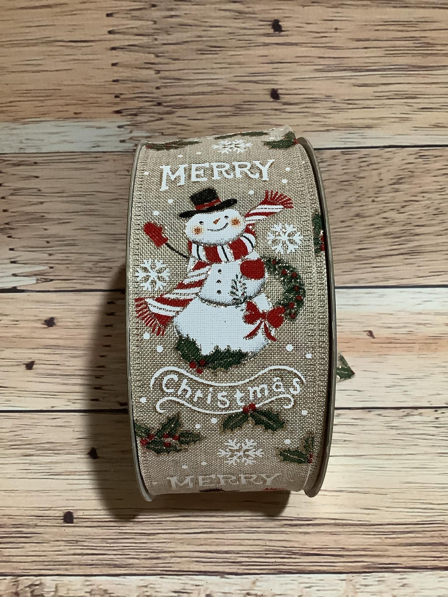 2.5" x 5 Yards Wired Beige Canvas With Snowman And Merry Christmas Print - Wired Christmas Ribbon - Ribbon For Bows, Wreaths And Home Decor