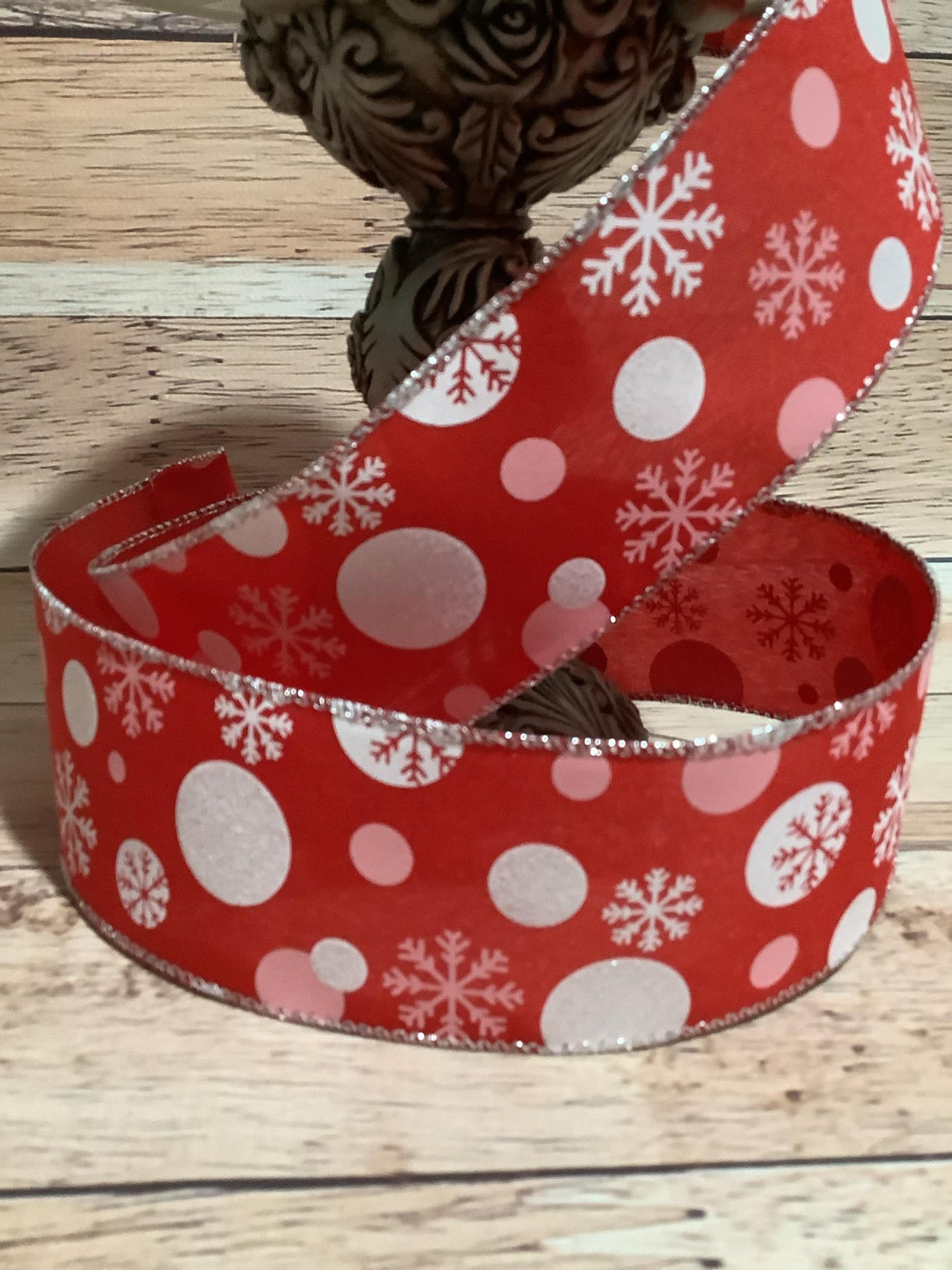 2.5" x 5 Yards Wired Red Ribbon With White And Pink Dots And Snowflakes - Ribbon For Bows, Wreaths And Home Decor