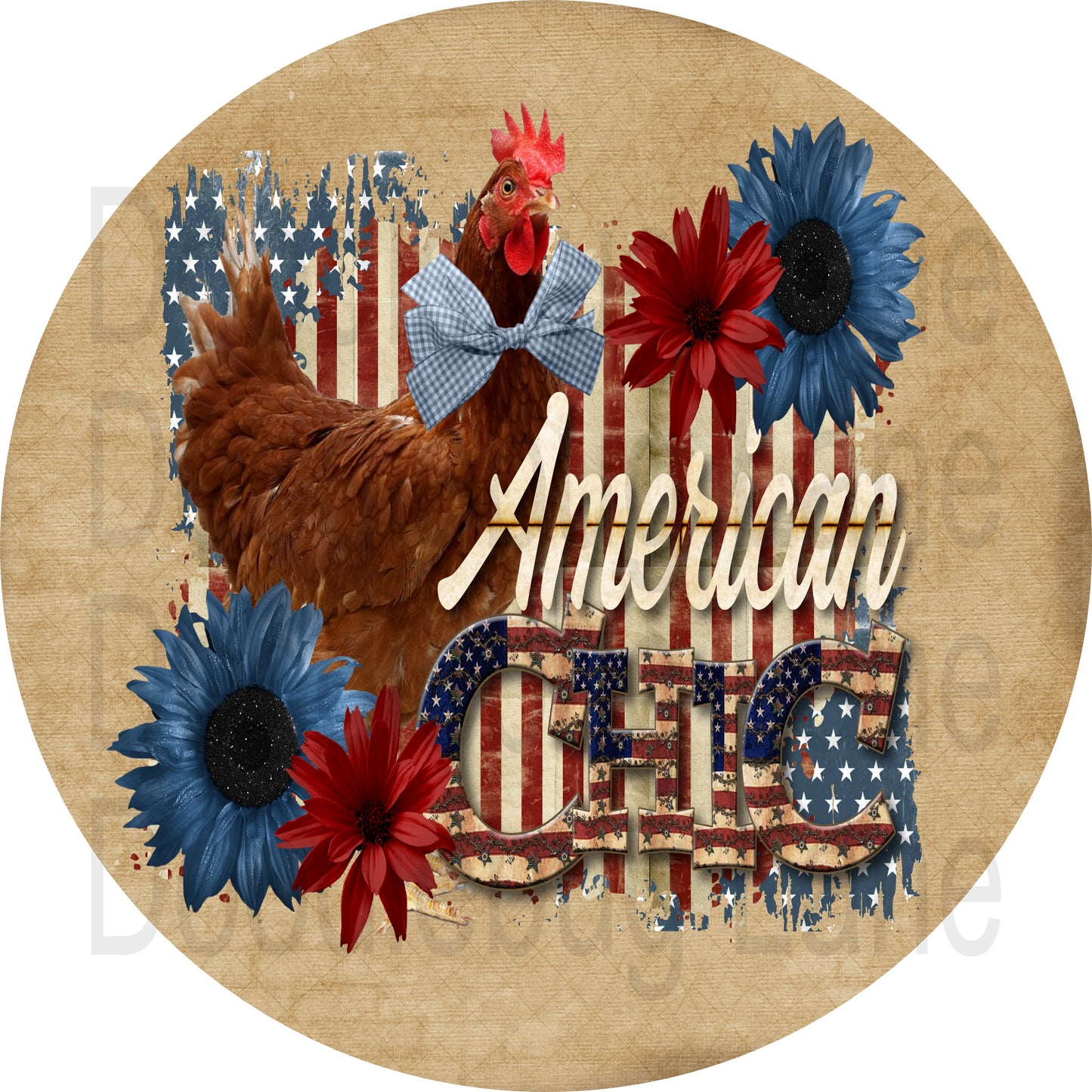 American Chic  Wreath Sign-Farmhouse Sign-Primitive Sign-Chicken Sign-Americana-Patriotic-Metal Wreath Sign