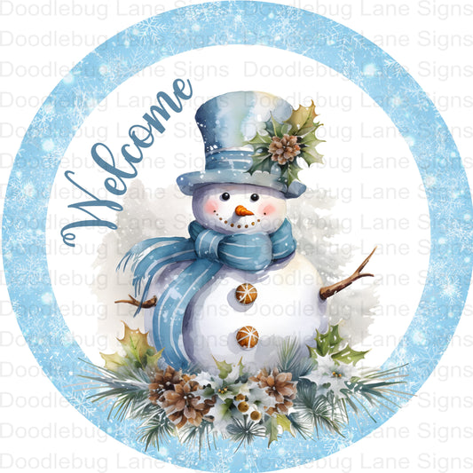 Snowman Wreath Sign-Blue Snowman Welcom Wreath Sign-Round Wreath Sign - Aluminum