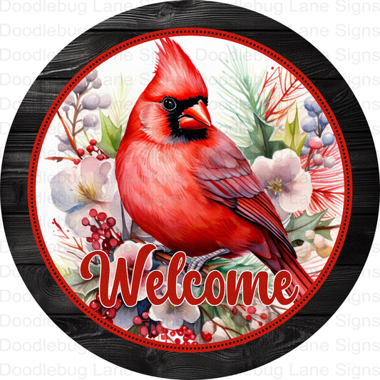 Welcome Cardinal Wreath Sign - Welcome Wreath Decor - Cardinal Welcome Sign - Round Aluminum Sign