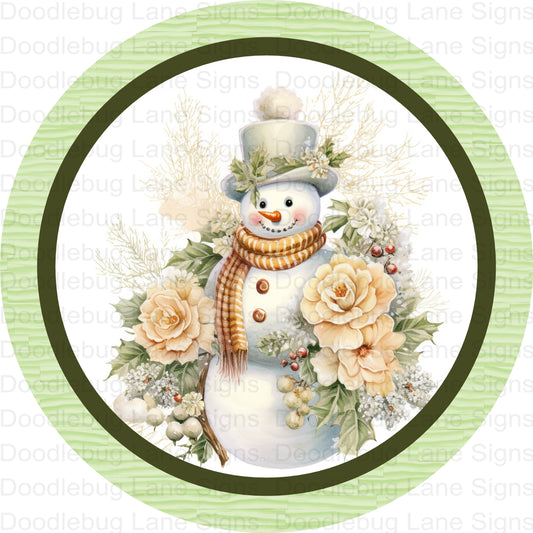 Victorian Snowman Wreath Sign - Green Snowman - Winter Wreath Sign - Round Aluminum Sign