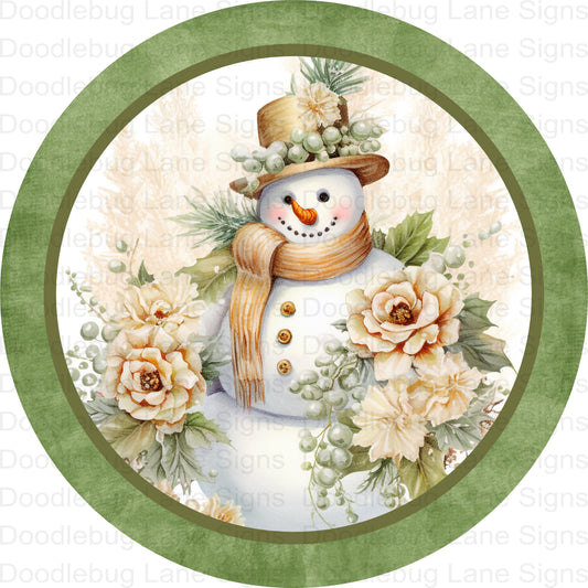 Victorian Snowman Wreath Sign - Green Snowman Sign - Winter Wreath Sign - Round Aluminum Sign