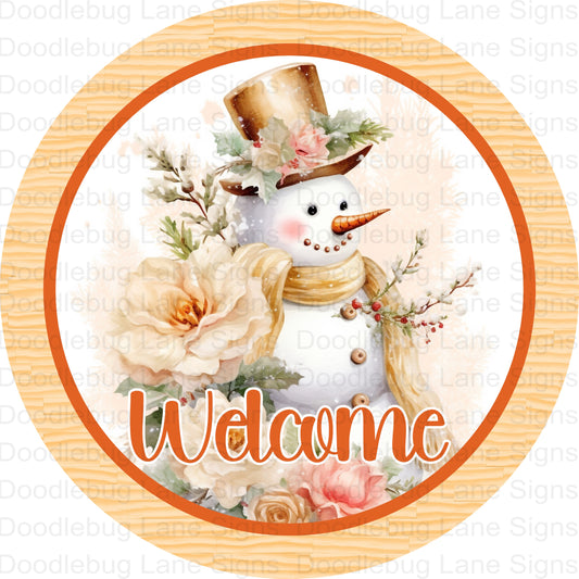 Welcome Wreath Sign - Peach Snowman Wreath Sign - Winter Wreath Decor - Victorian Snowman Sign - Round Aluminum Sign