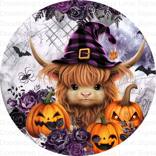 Highland Cow Halloween Wreath Sign - Halloween Highland Cow - Halloween Wreath Decor - Round Aluminum Sign