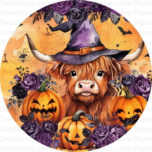 Highland Cow Halloween Wreath Sign - Halloween Wreath Decor - Halloween Highland Cow - Round Aluminum Sign