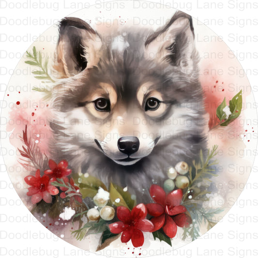 Wolf Wreath Sign - Woodland Animals - Christmas Florals - Grey Wolf Wreath Sign - Round Aluminum Sign