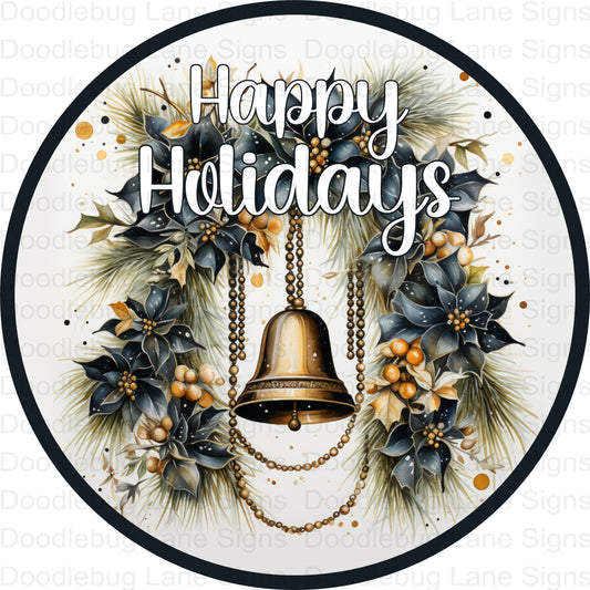 Happy Holidays Wreath Sign - Navy Blue And Gold - Round Aluminum Sign