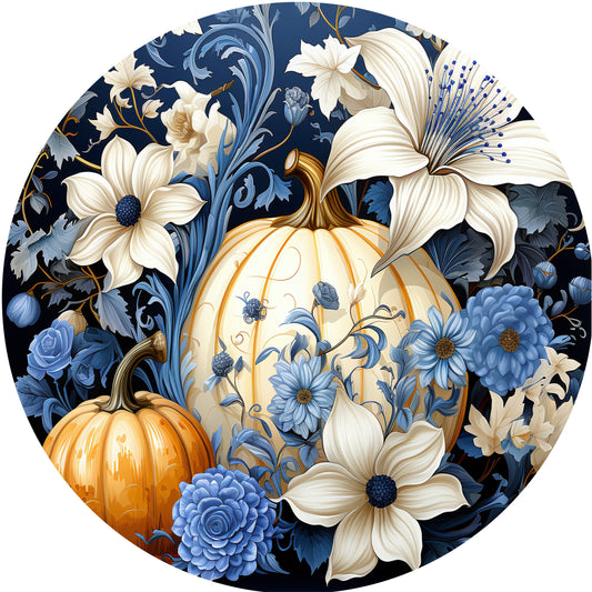 Fall Blue And White Pumpkins Wreath Sign - Fall Wreath Sign - Metal Door Hanger - Round Aluminum Sign