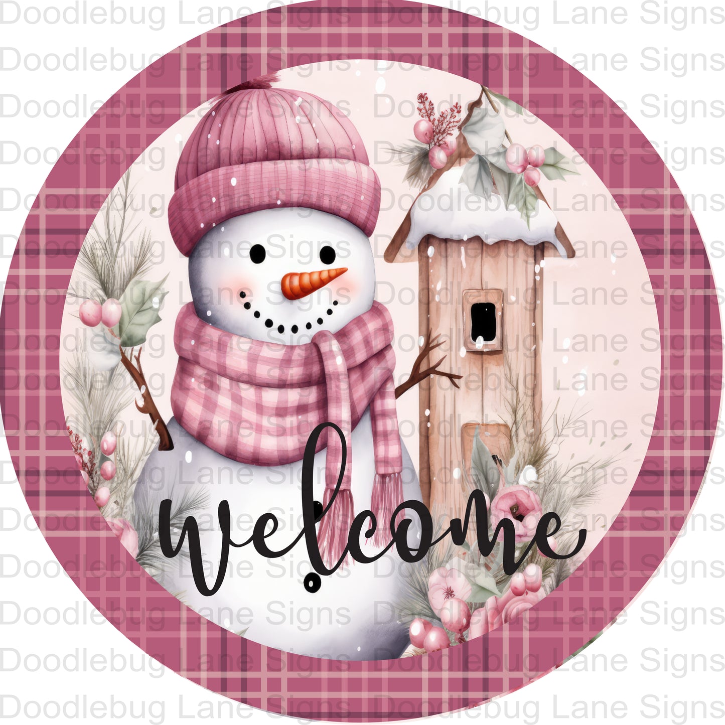 Pink Snowman Welcome Wreath Sign - Winter Wreath Sign - Round Aluminum Wreath Sign