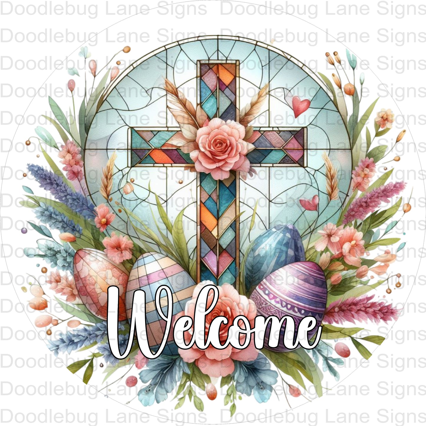 Faux Stained Glass Floral Cross - Easter Welcome Wreath Sign - Religious Wreath Sign - Round Aluminum Wreath Sign - Metal Door Hanger