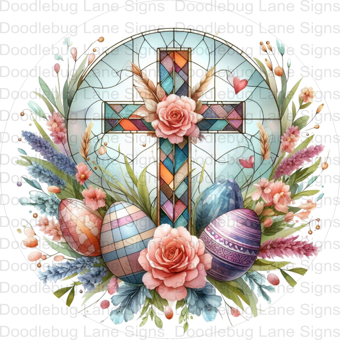 Faux Stained Glass Floral Cross - Easter Welcome Wreath Sign - Religious Wreath Sign - Round Aluminum Wreath Sign - Metal Door Hanger