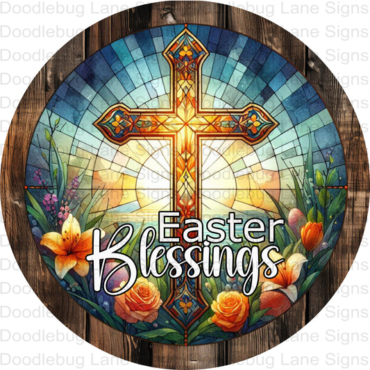 Faux Stained Glass Cross Easter Wreath Sign - Easter Blessing Floral Cross Wreath Sign - Round Aluminum Wreath Sign - Metal Door Hanger