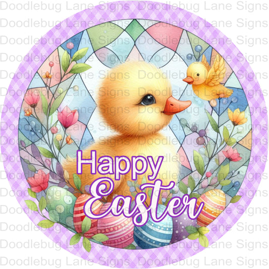 Happy Easter - Easter Wreath sign - Yellow Duck-Easter Eggs - Round Aluminum Wreath Sign