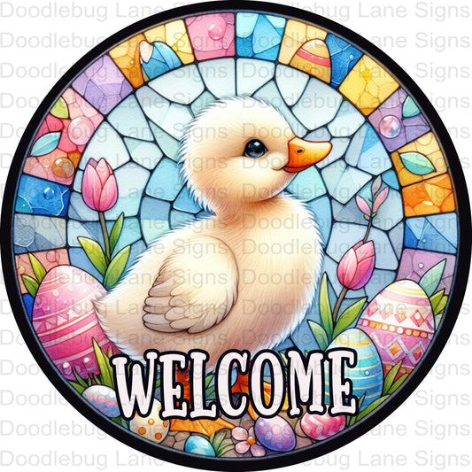 Faux Stained Glass Easter Chick Wreath Sign - Easter Welcome Sign - Round Aluminum Wreath Sign