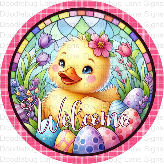 Welcome Easter Wreath Sign - Easter Chick-Easter Eggs - Easter Wreath Sign - Round Aluminum Wreath Sign