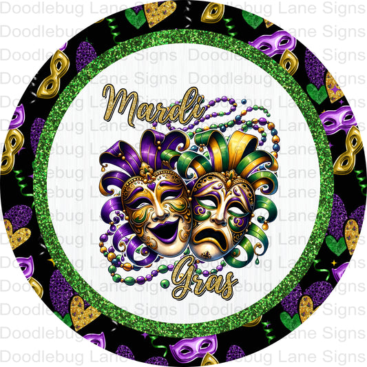 Mardi Gras Masquerade Masks Wreath Sign - Mardi Gras Beads - Mardi Gras Mask - Black, Purple And Green - Round Aluminum Wreath Sign