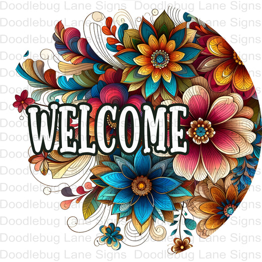 Floral Welcome Wreath Sign - Spring Or Summer - Round Aluminum Wreath Sign