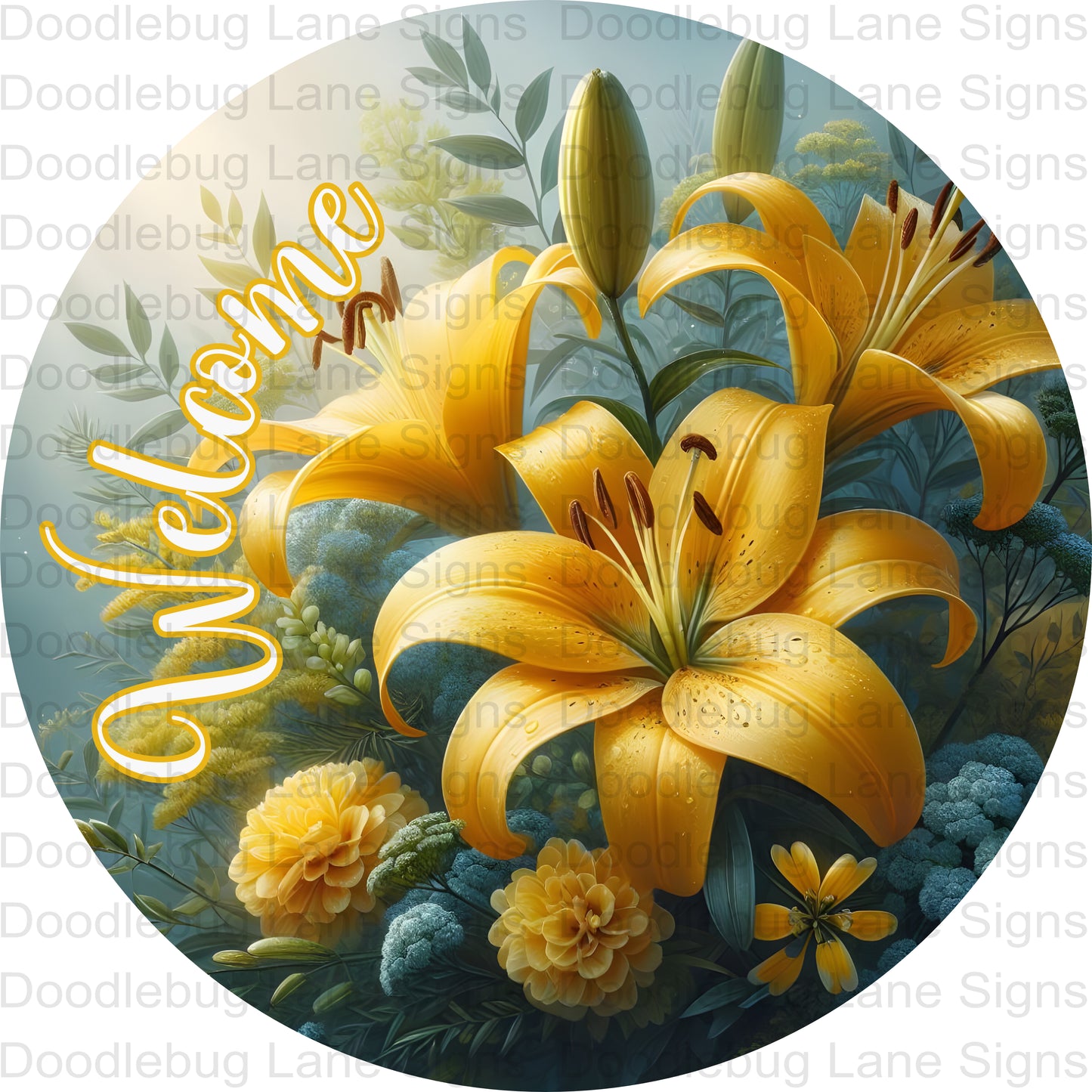 Welcome Wreath Sign With Yellow Lillies - Spring Floral Wreath Sign - Round Aluminum Wreath Sign