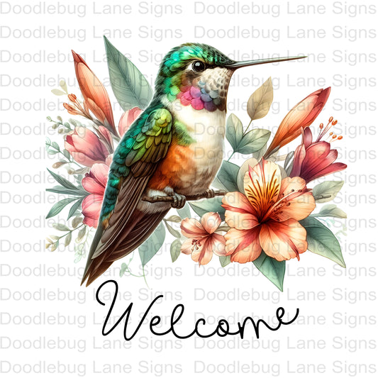 Hummingbird Welcome Wreath Sign - Floral Hummingbird Sign - Round Aluminum Wreath Sign