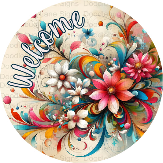 Floral Welcome Wreath Sign - Spring Welcome Sign - Round Aluminum Wreath Sign