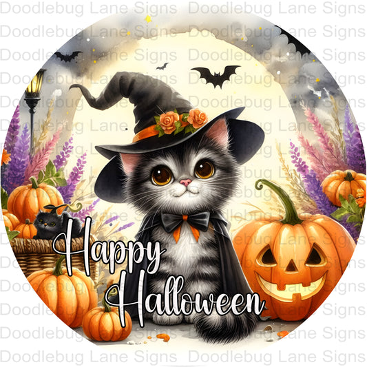 Halloween Wreath Sign - Happy Halloween - Black Cat - Jack-O-Lantern - Round Aluminum Wreath Sign