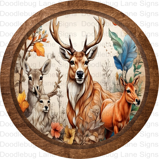 Woodland Animals Wreath Sign - Deer In Woods - Fall Wreath Decor - Round Aluminum Wreath Sign