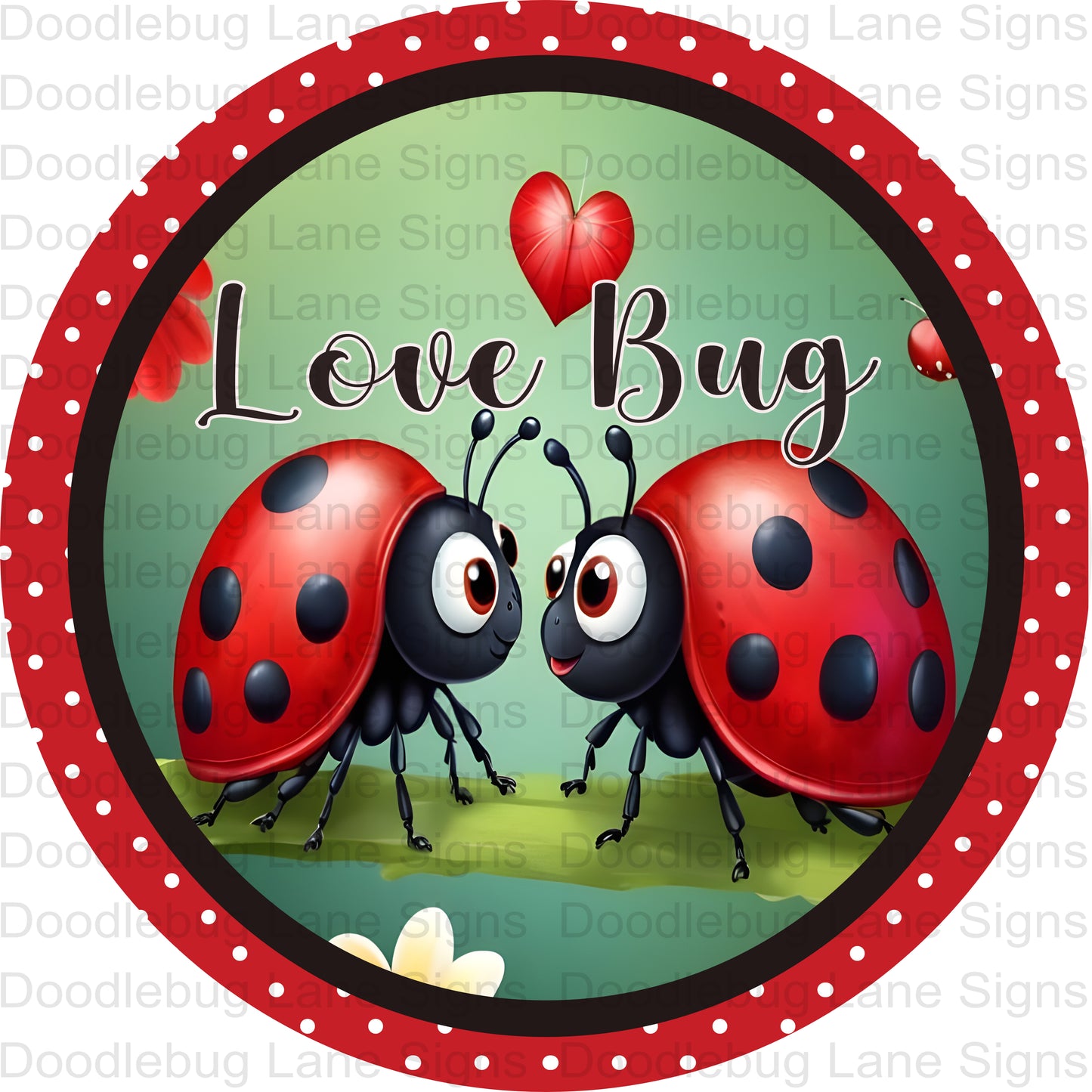 Valentines Ladybug Wreath Sign - Love Bug Wreath Sign - Red And Black Ladybug Wreath Decor - Round Aluminum Wreath Sign