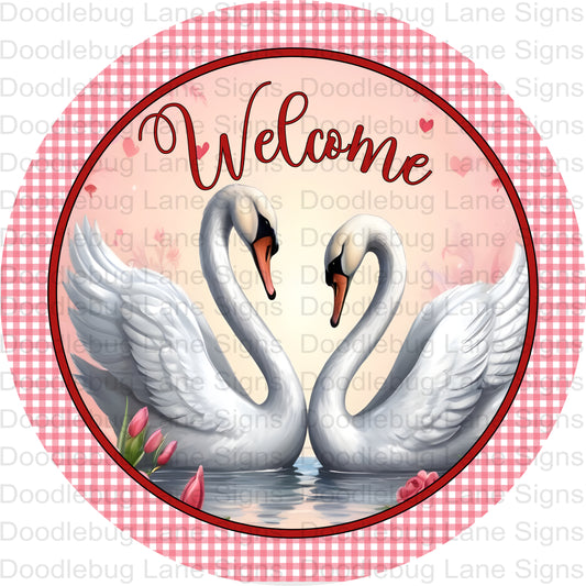 Welcome Wreath Sign Featuring White Swans - Pink Gingham-Pink Tulips- Round Aluminum Wreath Sign