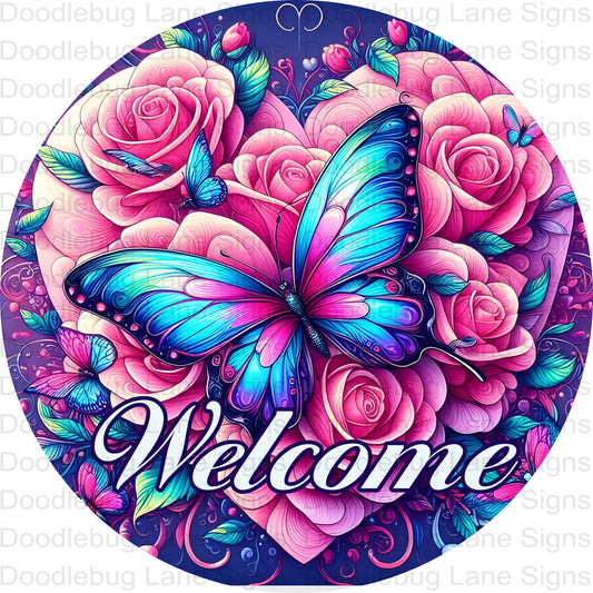 Welcome Wreath Sign - Butterfly Welcome Sign - Pink And Blue Butterfly Sign - Round Aluminum Sign