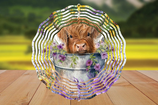 10 Inch Highland Cow Wind Spinner - Highland Cow In Aluminum Tub - Cow Garden/Patio Decor - Indoor or Outdoor