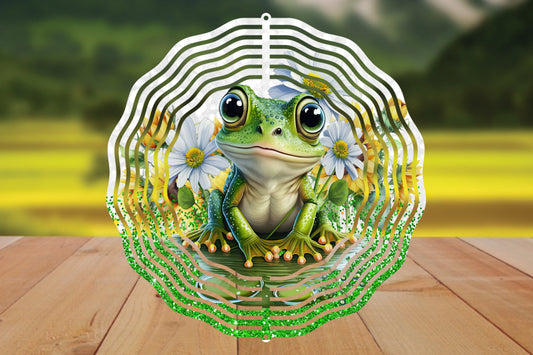 10 Inch Cute Frog Wind Spinner - Frog On Lilypad - Daisies And Sunflowers - Frog Garden/Patio Decor - Indoor or Outdoor