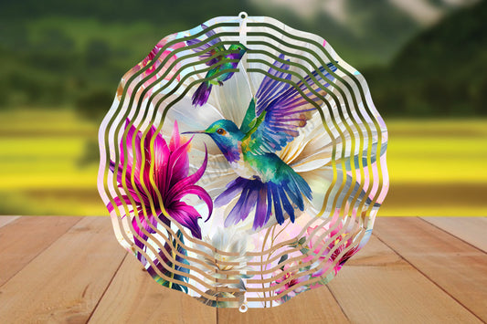 10 Inch Hummingbird Wind Spinner - Colorful Floral Hummingbird Garden/Patio Decor - Indoor Or Outdoor