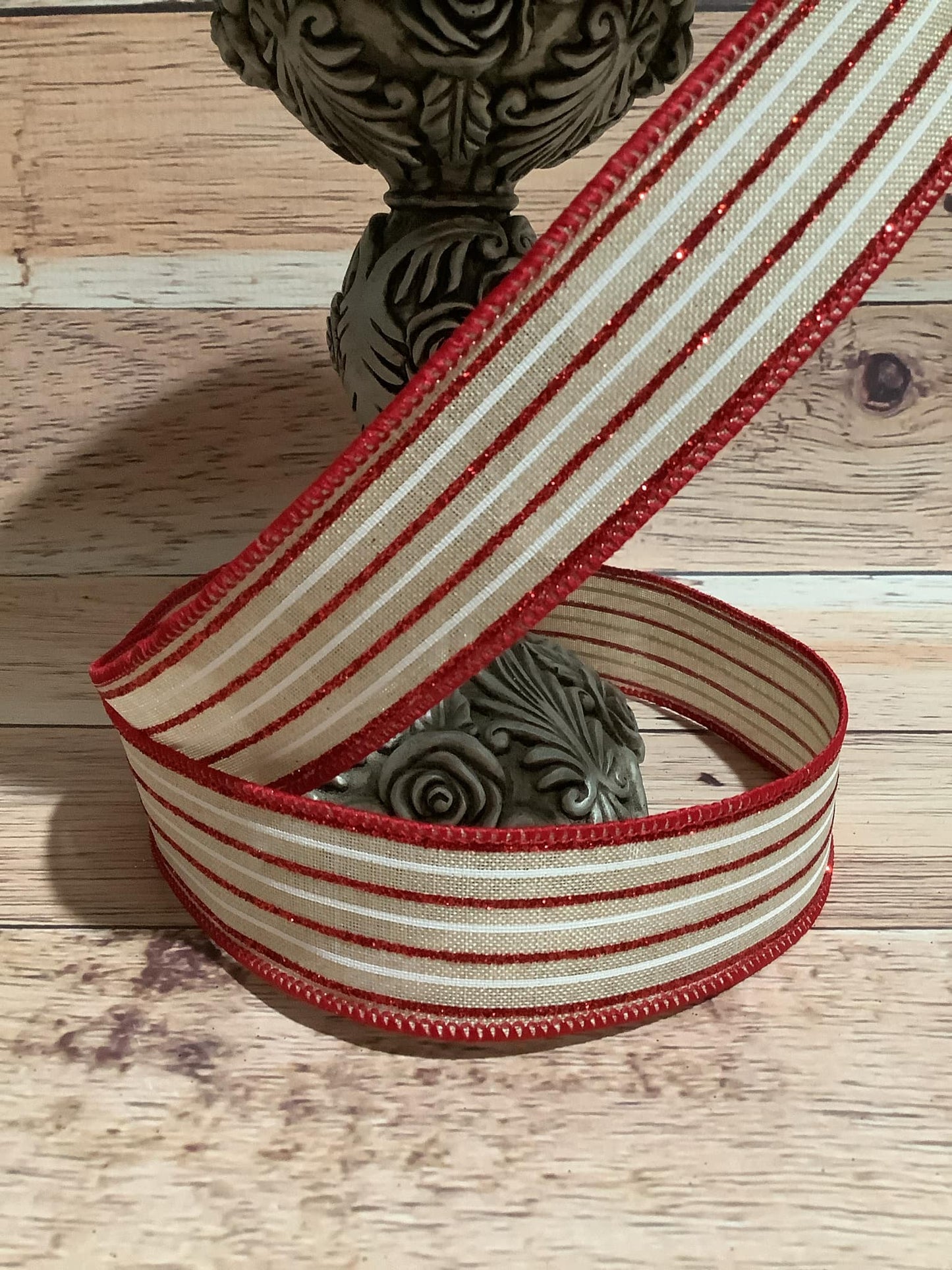 1.5" x 5 Yards Beige Canvas Ribbon with White And Red Glitter Horizontal Stripes - Christmas, Valentine Ribbon - Ribbon For Bows, Wreaths And Home Decor